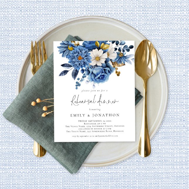 Budget Navy Blue Gold Florals Rehearsal Dinner (Creator heeft geüpload)