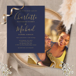 Budget Navy Blue Gold Script Photo Weduwen Invite