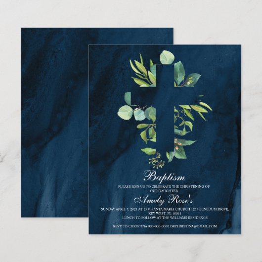 Budget Navy Blue & Leaves Cross Baptism Invitation (Voorkant / Achterkant)