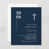 Budget Navy Blue Minimalist Boy Christening Invite (Voorkant / Achterkant)