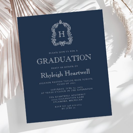 Budget Navy Blue Monogram Crest Graduation Party