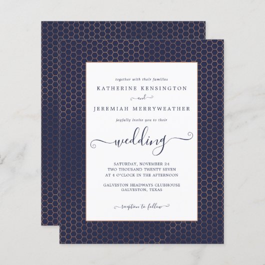 Budget Navy Blue Roos Gold Geometric Wedding (Voorkant / Achterkant)