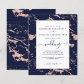 Budget Navy Blue Roos Gold Marble Wedding Invite (Voorkant / Achterkant)