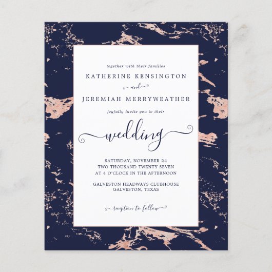 Budget Navy Blue Roos Gold Marble Wedding Invite (Voorkant)