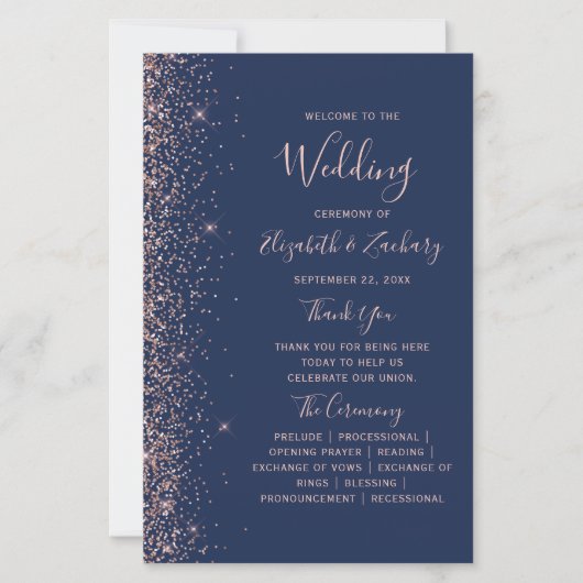 Budget Navy Blue Rose Gold Glitter Wedding Program (Voorkant)