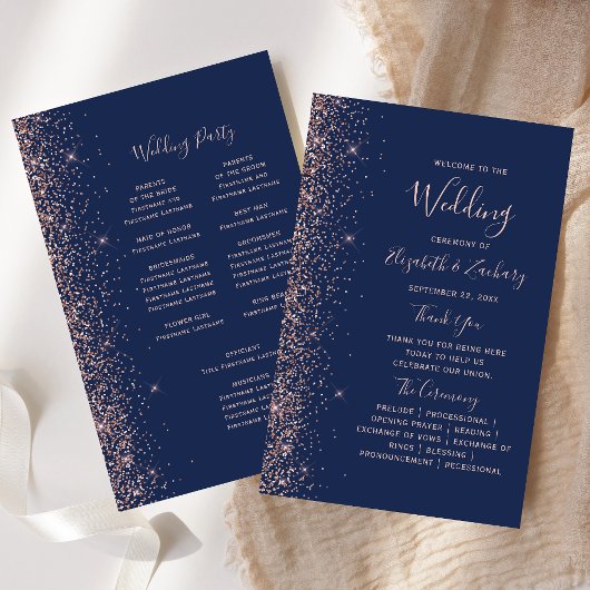 Budget Navy Blue Rose Gold Glitter Wedding Program