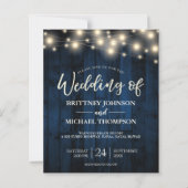 Budget Navy Blue Rustic String Lights Wood Invite (Voorkant)