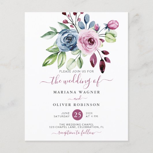 Budget Navy Blue Wine Floral Wedding Invitation Flyer (Voorkant)
