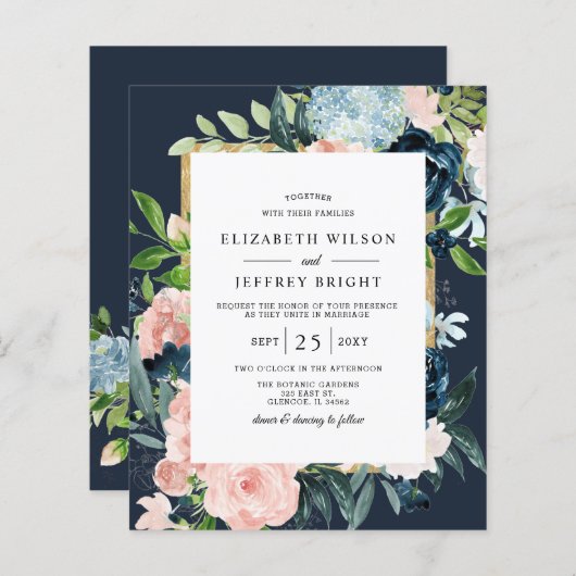 Budget Navy Blush Gold Floral Wedding Invitation (Voorkant / Achterkant)