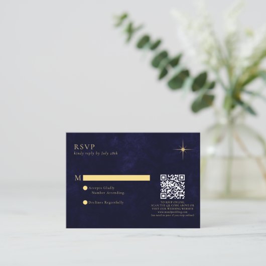 BUDGET Navy Celestial Gold Star Wedding QR Code Informatiekaartje (Staand voorkant)