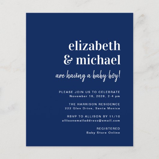 Budget Navy Couples Baby Boy Shower Uitnodiging (Voorkant)