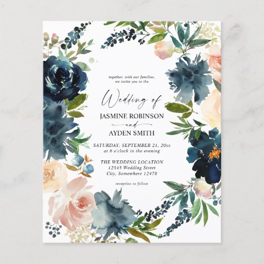 Budget Navy Dusty Blue & Pink Blush 2 Wedding Flyer (Voorkant)