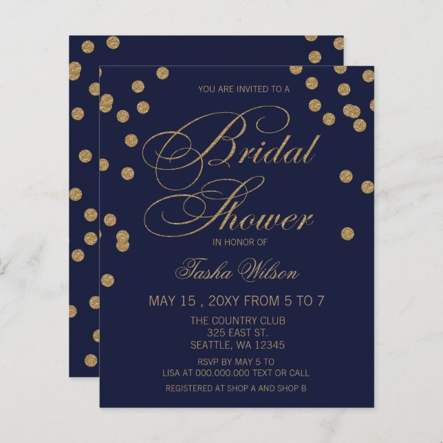 Budget Navy Gold Confetti Bridal Shower (Voorkant / Achterkant)