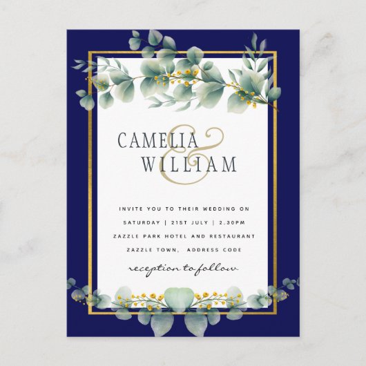 BUDGET NAVY GOLD Eucalyptus Weddenschap nodigt QR Briefkaart (Voorkant)