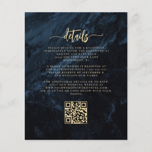Budget Navy Gold Floral QR Code Huwelijksuitnodigi (Achterkant)