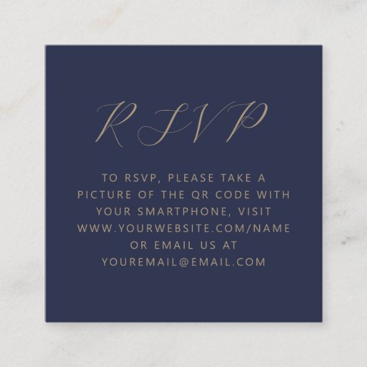 Budget Navy Gold Script Wedding QR Code RSVP Informatiekaartje (Voorkant)