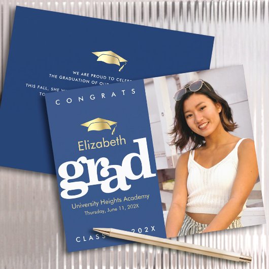 Budget Navy Photo Afstuderen Gold Pet Invitation