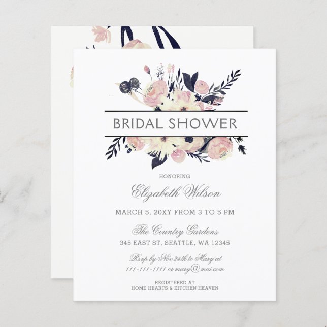 Budget Navy Pink Floral Bridal Shower (Voorkant / Achterkant)