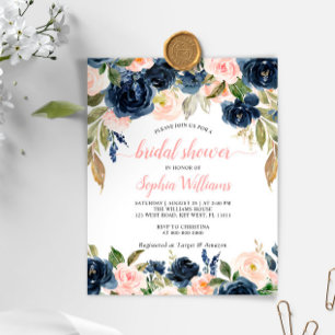 Budget Navy & Roses Bridal Shower Invitation