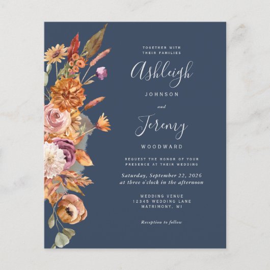 Budget Navy Rust Bloemen Waterverf Bruiloft Uitnod (Voorkant)