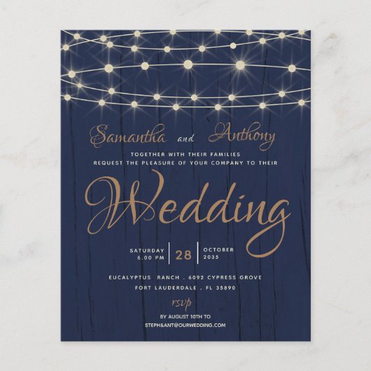 Budget Navy String Lights RSVP Weddenschap (Voorkant)