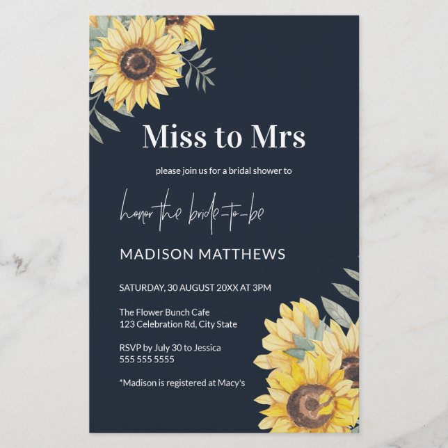 Budget Navy Sunflower Bridal Shower Invitation (Voorkant)