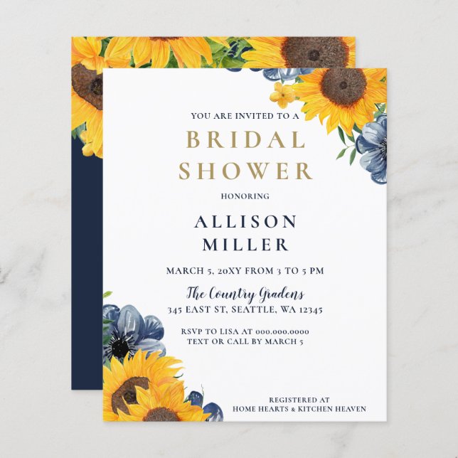 Budget Navy Sunflower Bridal Shower Invitation (Voorkant / Achterkant)