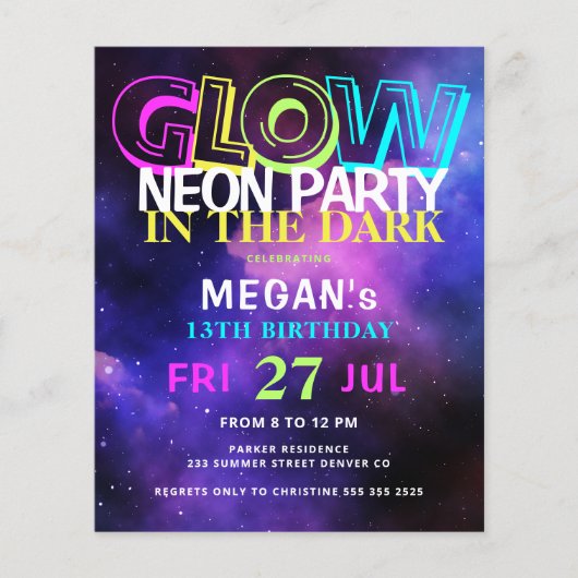 Budget neon gloed tiener verjaardagsfeestuitnodigi flyer (Voorkant)