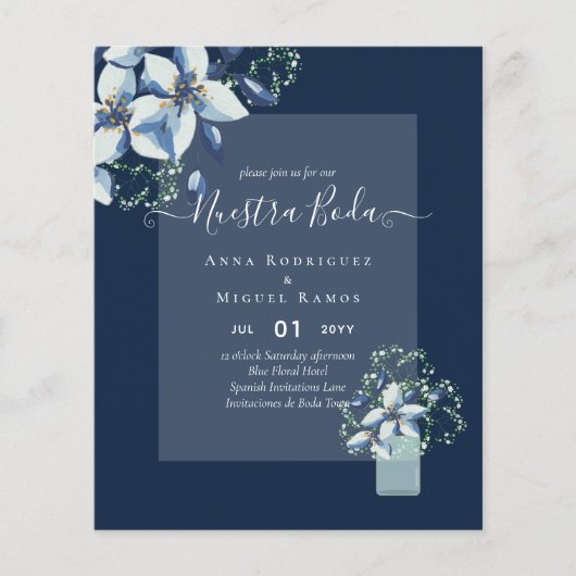 Budget Nuestra Boda Navy Blue Flowers Uitnodiginge Flyer (Voorkant)