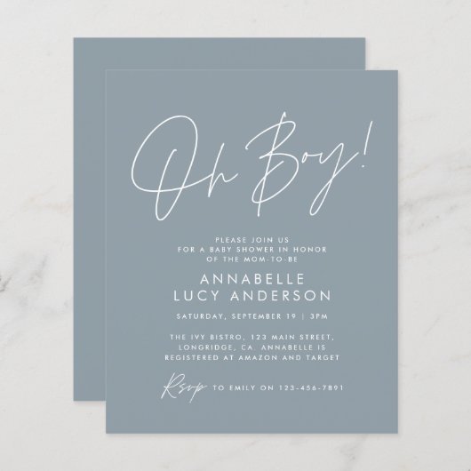 budget oh Boy baby shower script blauw elegant (Voorkant / Achterkant)