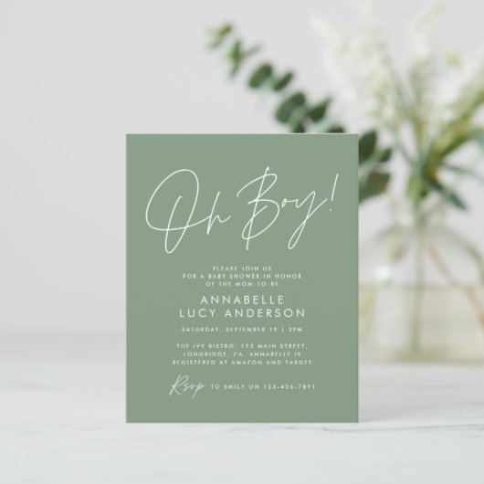 budget oh Boy baby shower script groen elegant (Staand voorkant)