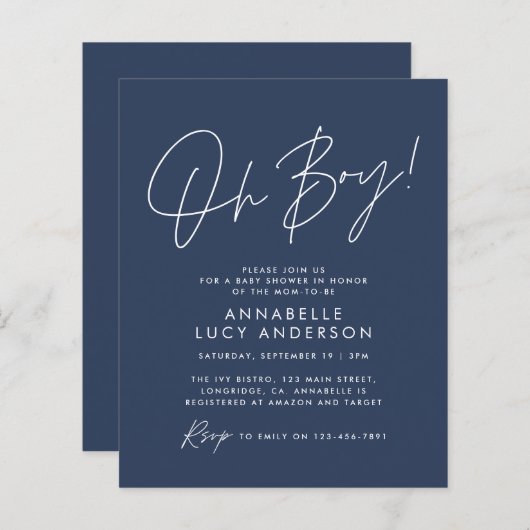 budget oh Boy baby shower script marineblauw (Voorkant / Achterkant)