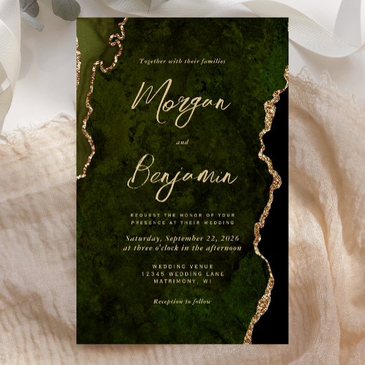 Budget Olive Green Agate Script Wedding Uitnodigin