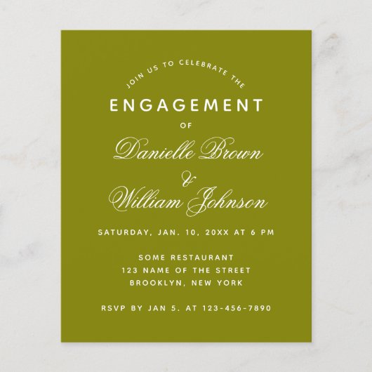 Budget Olive Green Verloving Invitation (Voorkant)