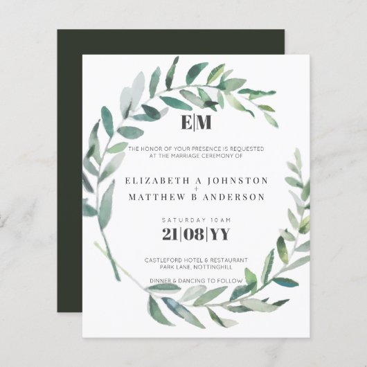 Budget Olive Typographie Feuille Mariage Invite (Devant / Derrière)