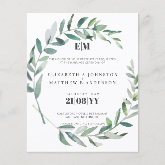 Budget Olive Typographie Feuille Mariage Invite (Devant)