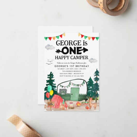 Budget ONE Happy Camper Bossen Camping 1e Verjaard Notitiekaartje (Voorkant / Achterkant in situ)