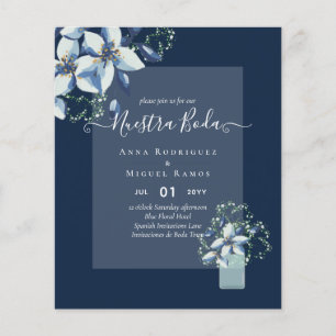Budget Onze Trouwdag Navy Blauwe Bloemen Uitnodigi Flyer