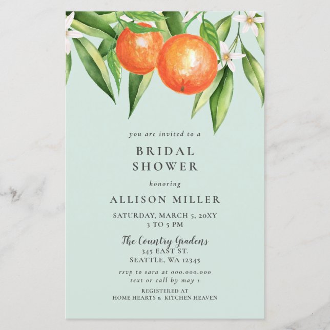 Budget Oranje Citrus Bridal Shower Invitation (Voorkant)