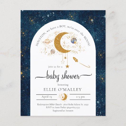 Budget over the Moon Space Baby shower Invitation (Voorkant)