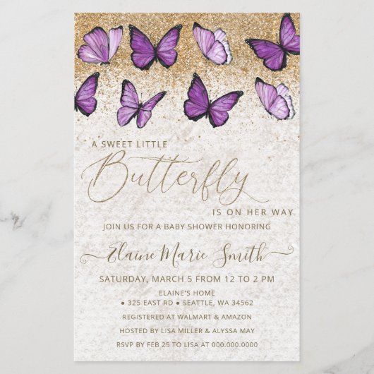 Budget Paars Butterfly Baby shower Invitation (Voorkant)