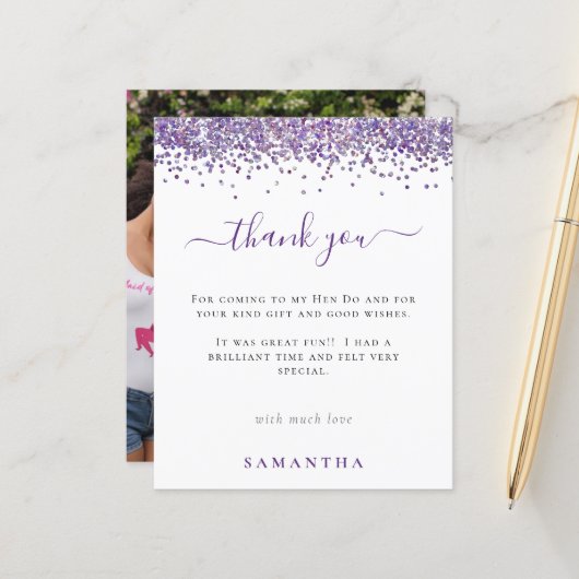 Budget Paars Glitter Foto Hen Party Dank u (Voorkant / Achterkant in situ)