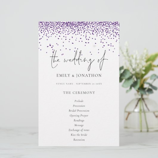 Budget Paars Glitter Script Wedding Programme (Staand voorkant)