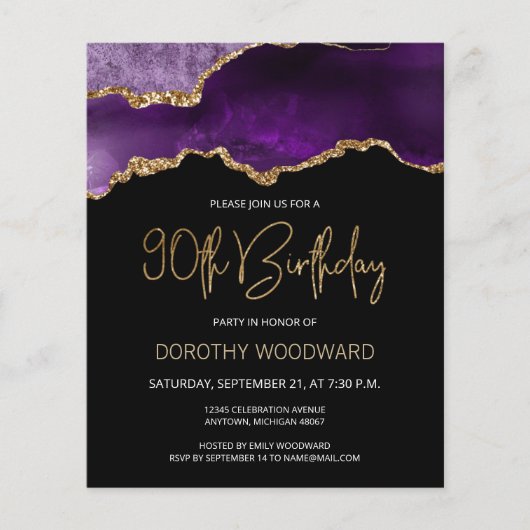 Budget Paars Gold Agate 90th Birthday Invitation (Voorkant)