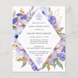 Budget Paars Gold Floral Sweet Sixteen Uitnodiging