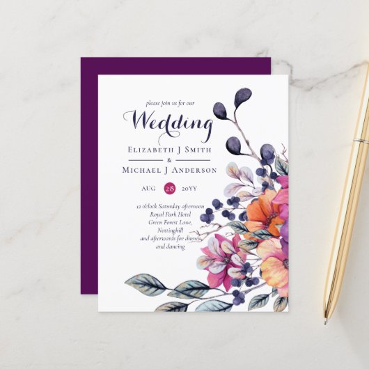 BUDGET Paars Oranje Floral Wedding Invite (Voorkant / Achterkant in situ)