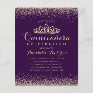 Budget Paars Violet Gold Quinceañera Tiara Invite