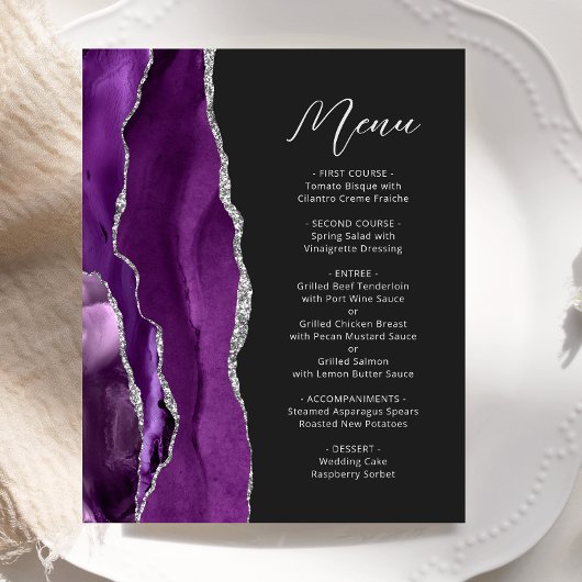 Budget Paars Zilveren Agate Script Trouwmenu