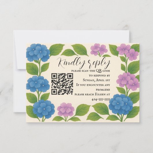 Budget Paarse/Blauwe Hortensia QR Code RSVP Kaart (Voorkant)