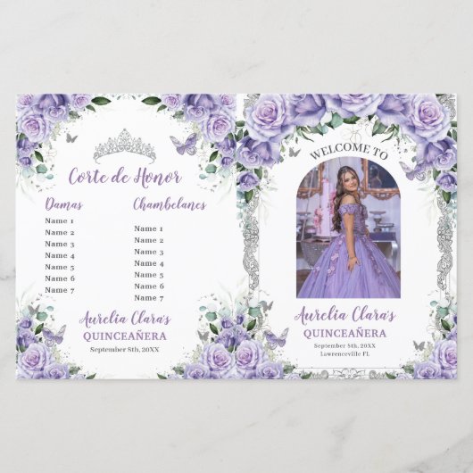 Budget Paarse Bloemen Quinceanera 15 Fotoprogramma (Voorkant)